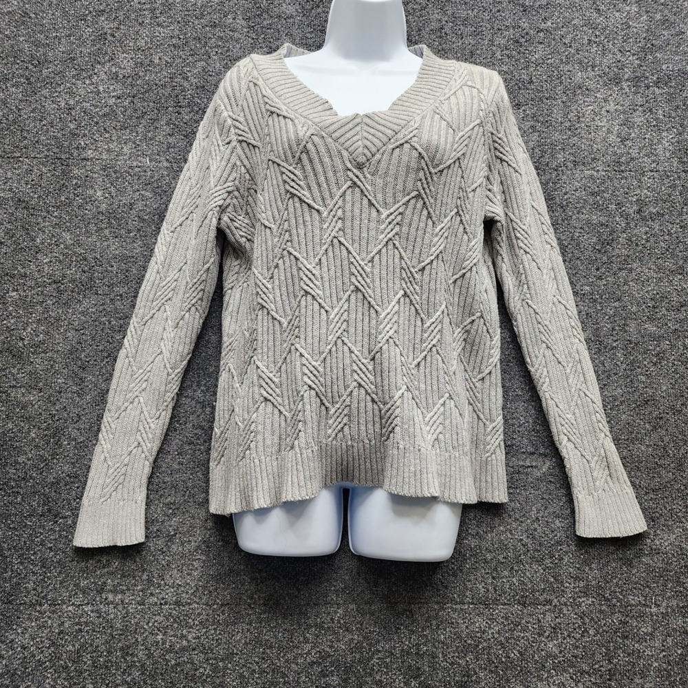 Soft Surroundings Women's M Gray Cable Knit V-Neck Cotton Wool Sweater Preppy